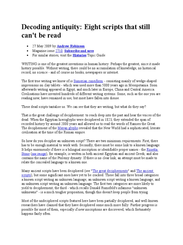 Decoding Antiquity: Eight Scripts That Still Can't Be Read: Andrew ...