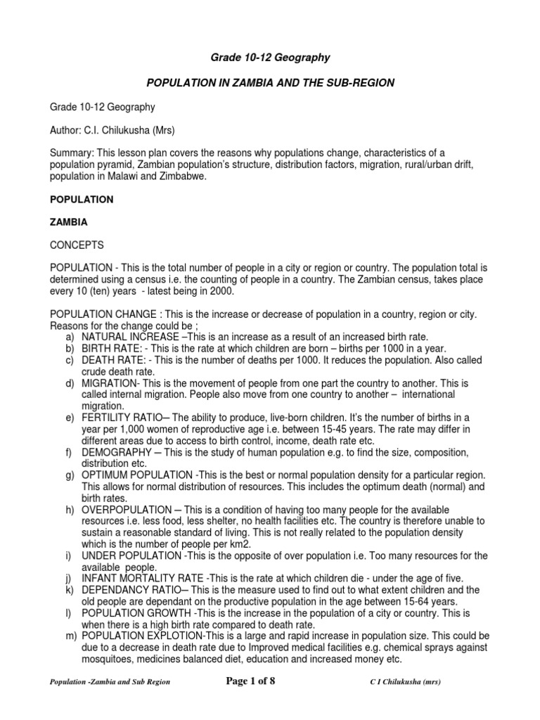 Grade 1012 Geography Population In Zambia And The SubRegion Zambia