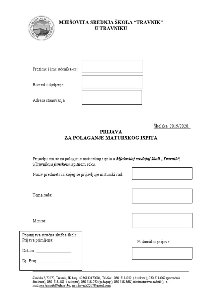 Prijava Maturski Rad 2020 | PDF