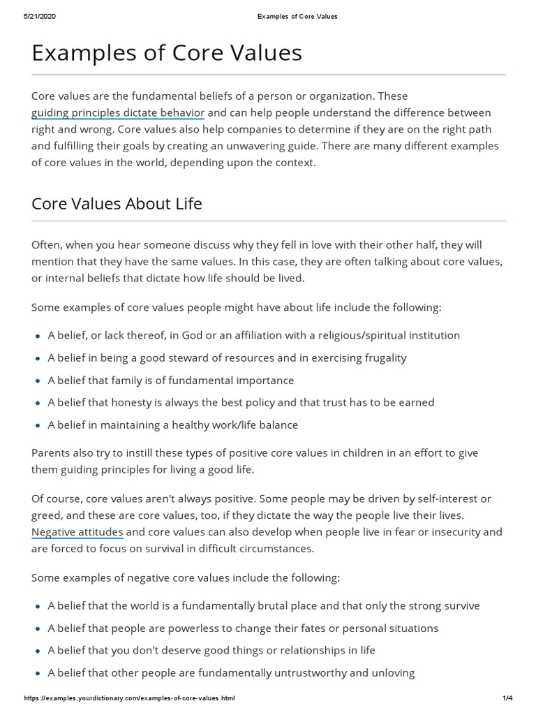 Examples of Core Values | PDF | Value (Ethics) | Metaphysics Of Mind