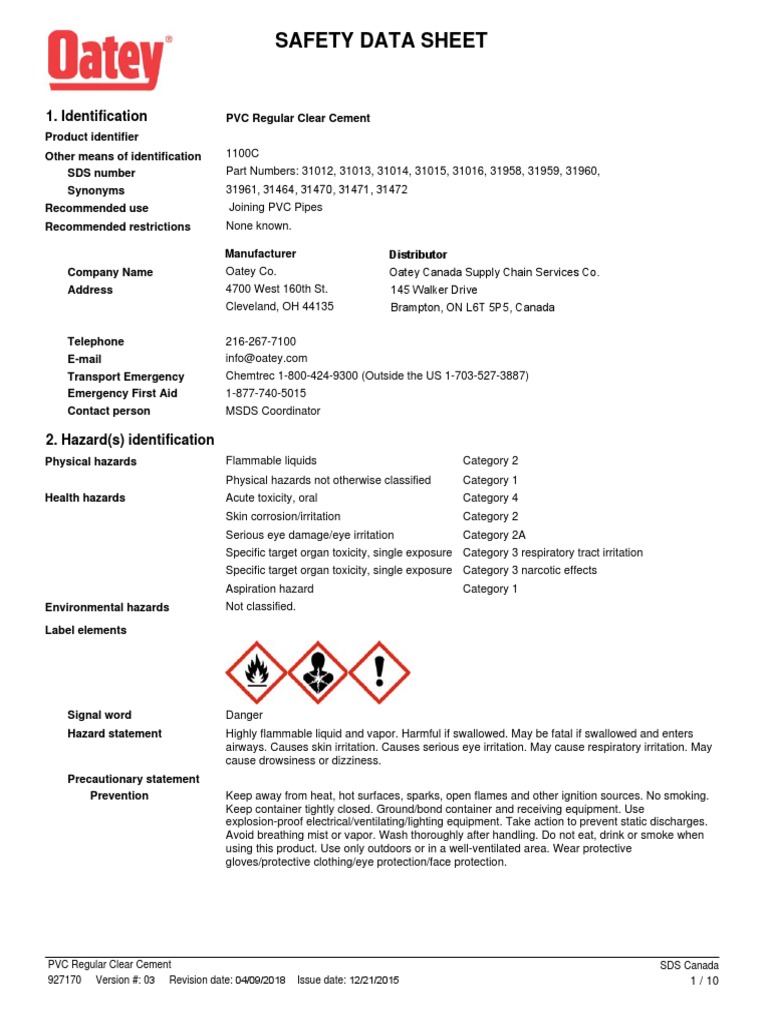 SDS Canada PVC Regular Clear Cement PDF Dangerous Goods