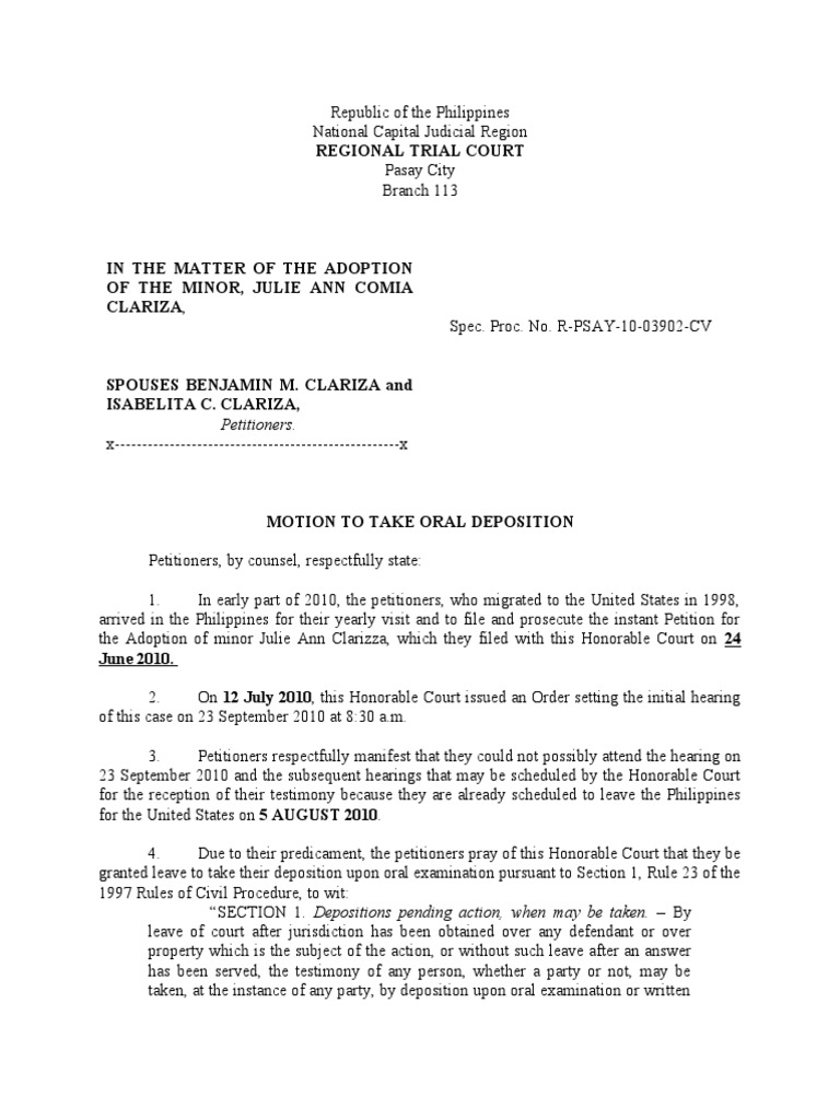 Motion for Oral Deposition in Adoption Case | PDF | Deposition (Law ...