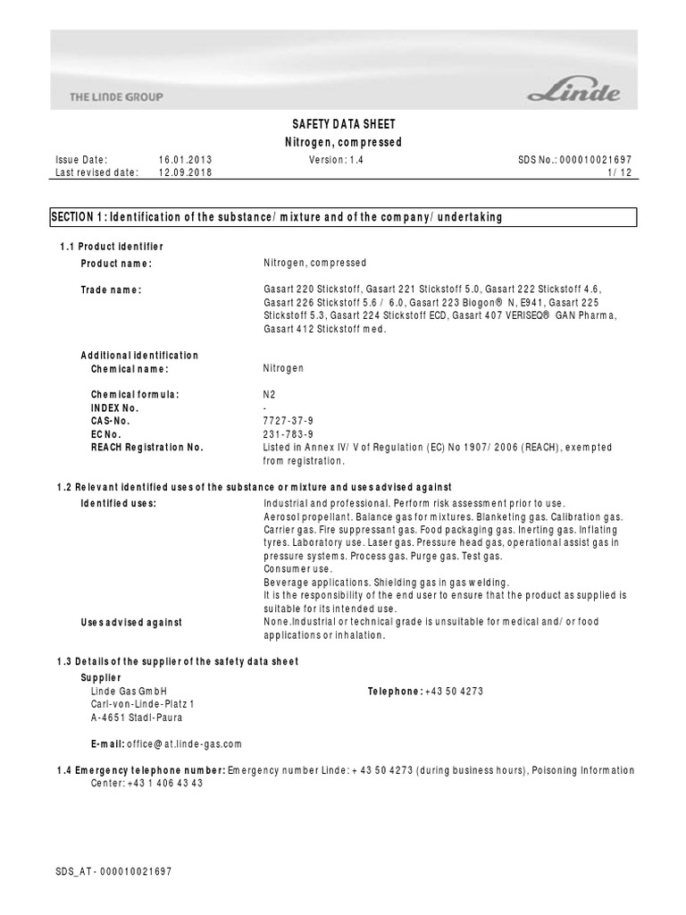 Safety Data Sheet Nitrogen, Compressed PDF Toxicity Personal