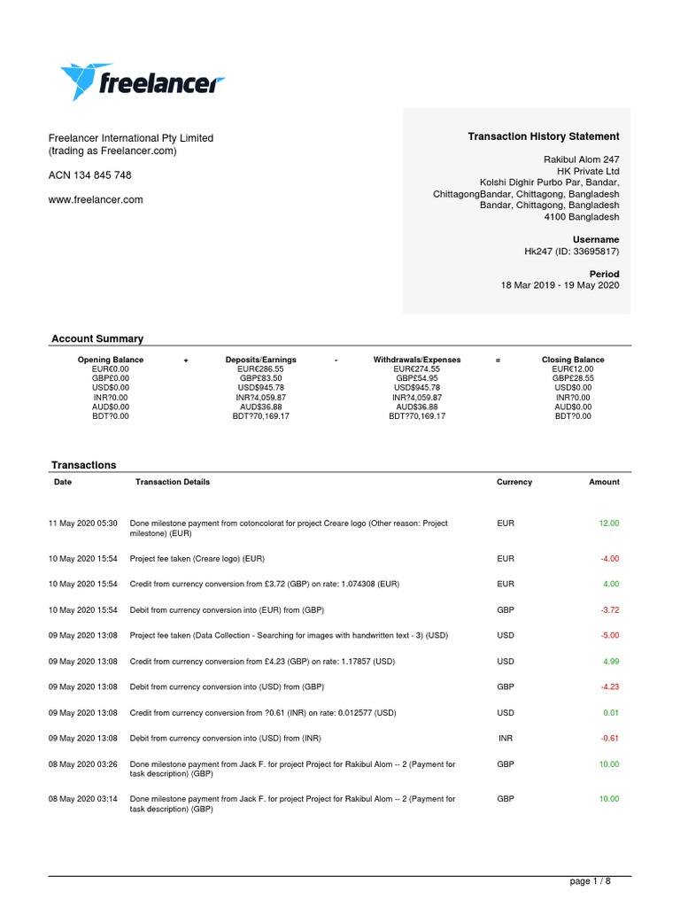Freelancer Transaction History Summary | PDF | Euro | Annual Percentage ...