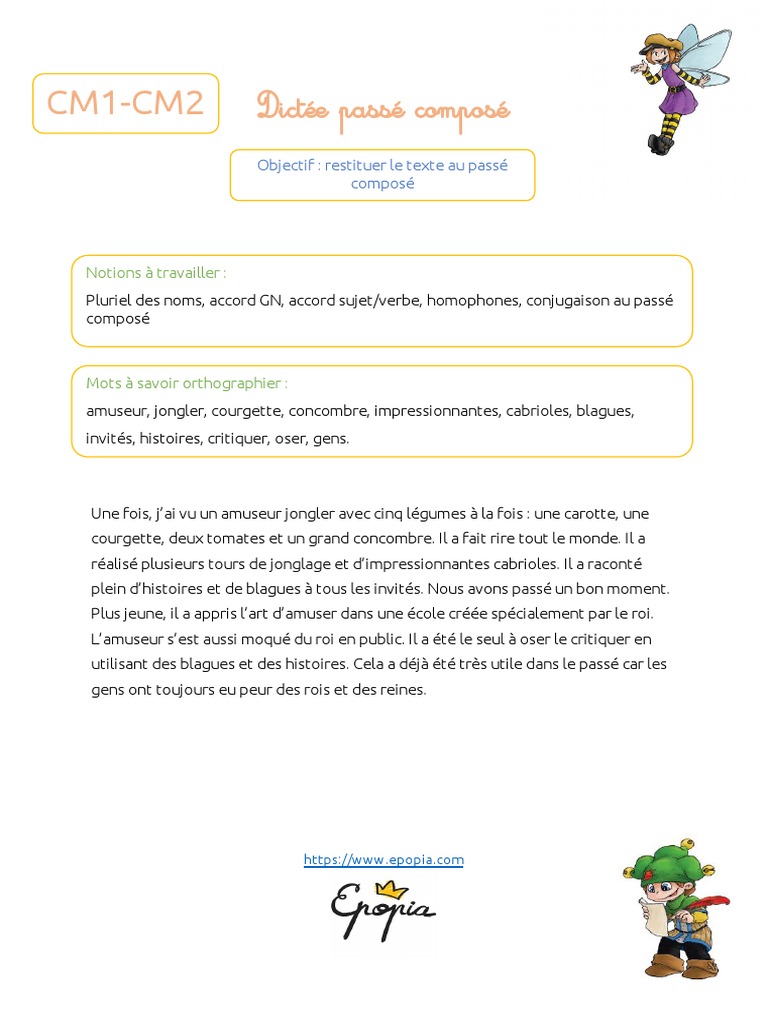 Dictée 6ème Imparfait Passé Simple Dictee Passe Compose cm1 cm2 | PDF