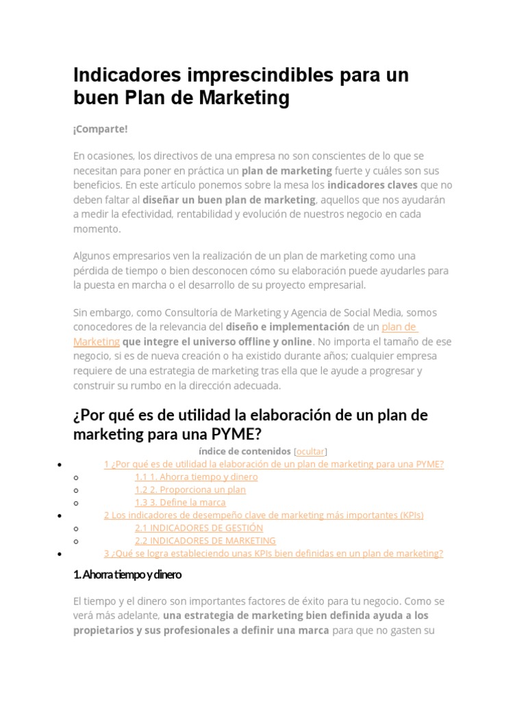 Indicadores Clave para Plan de Marketing | PDF | Marca | Marketing