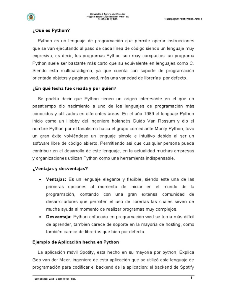 Resumen de Python y sus aplicaciones | PDF | Python (lenguaje de ...