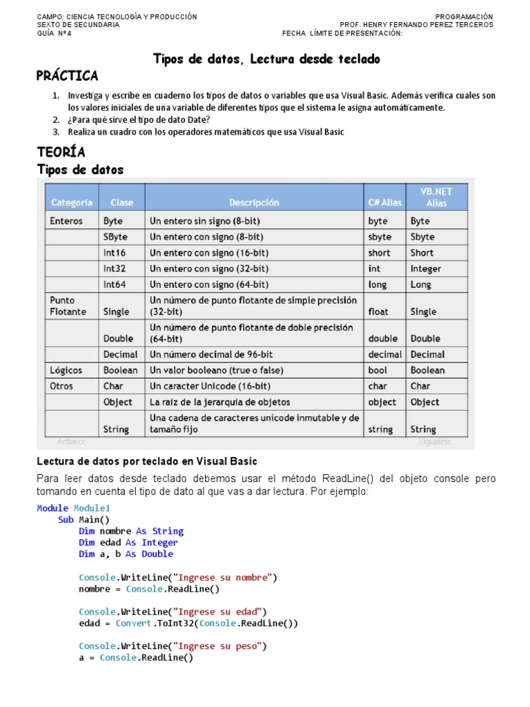 Tipos de Datos en Visual Basic | PDF | Básico | Tipo de datos