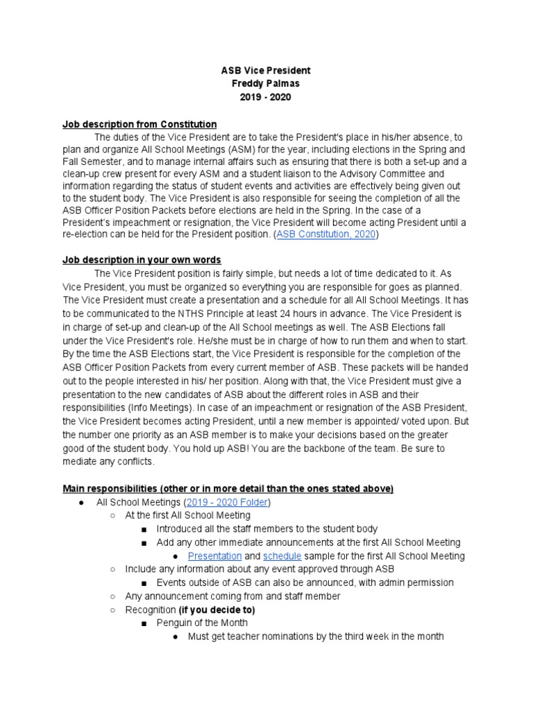 ASB Vice President Freddy Palmas 2019 2020 Job
