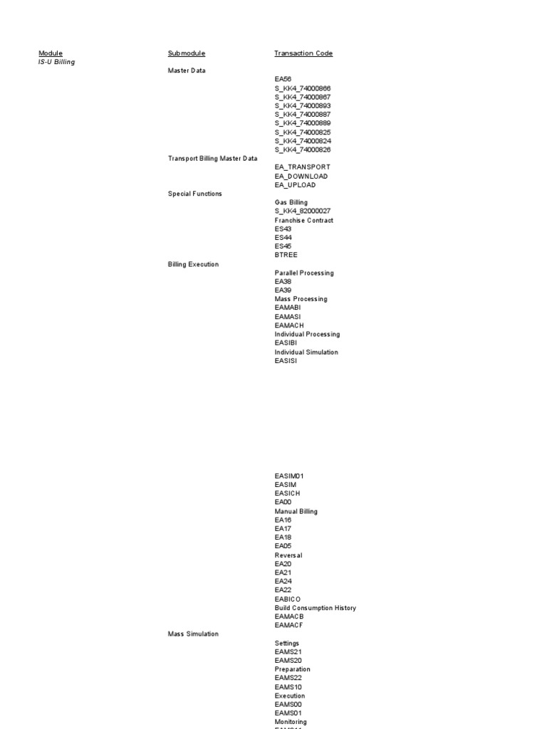 IS-U Billing: Submodule Transaction Code | PDF
