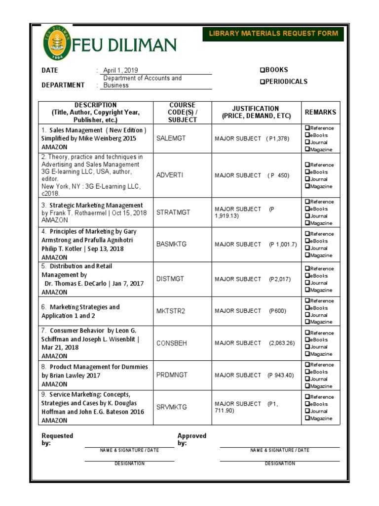 Books Periodicals Library Materials Request Form PDF Influence