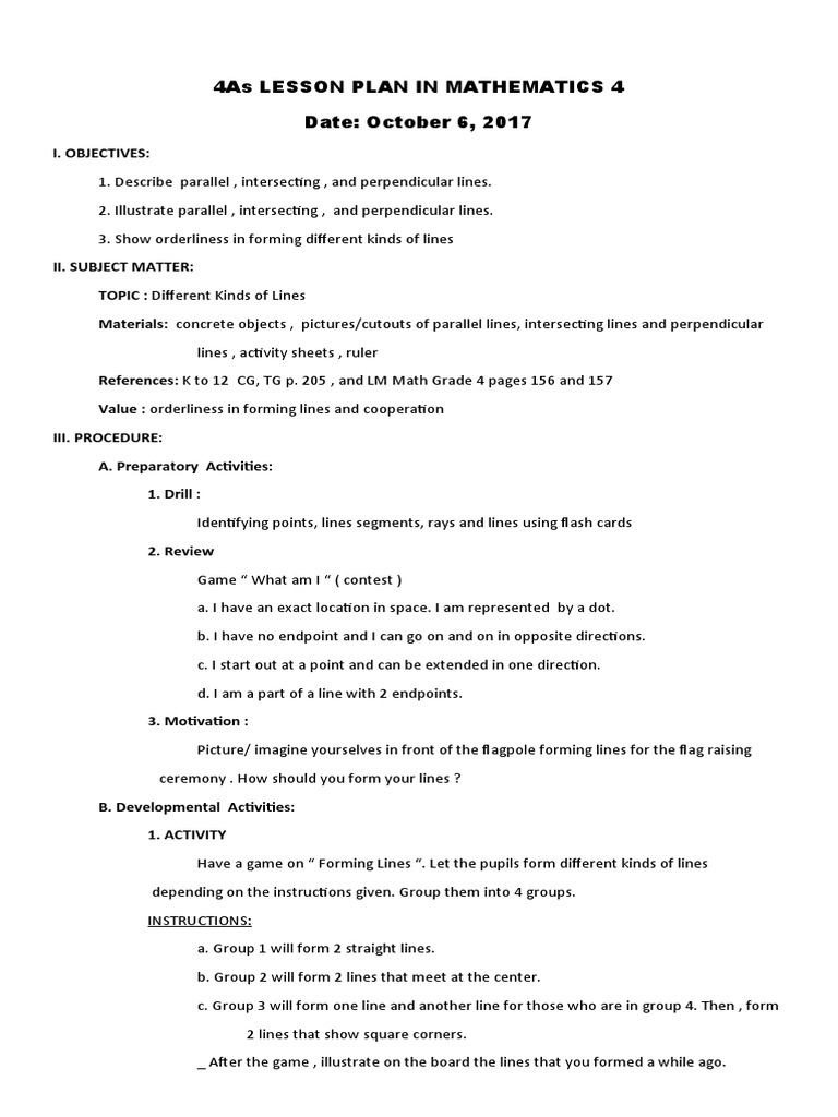 4th Grade Math Lesson on Lines | PDF | Perpendicular | Space