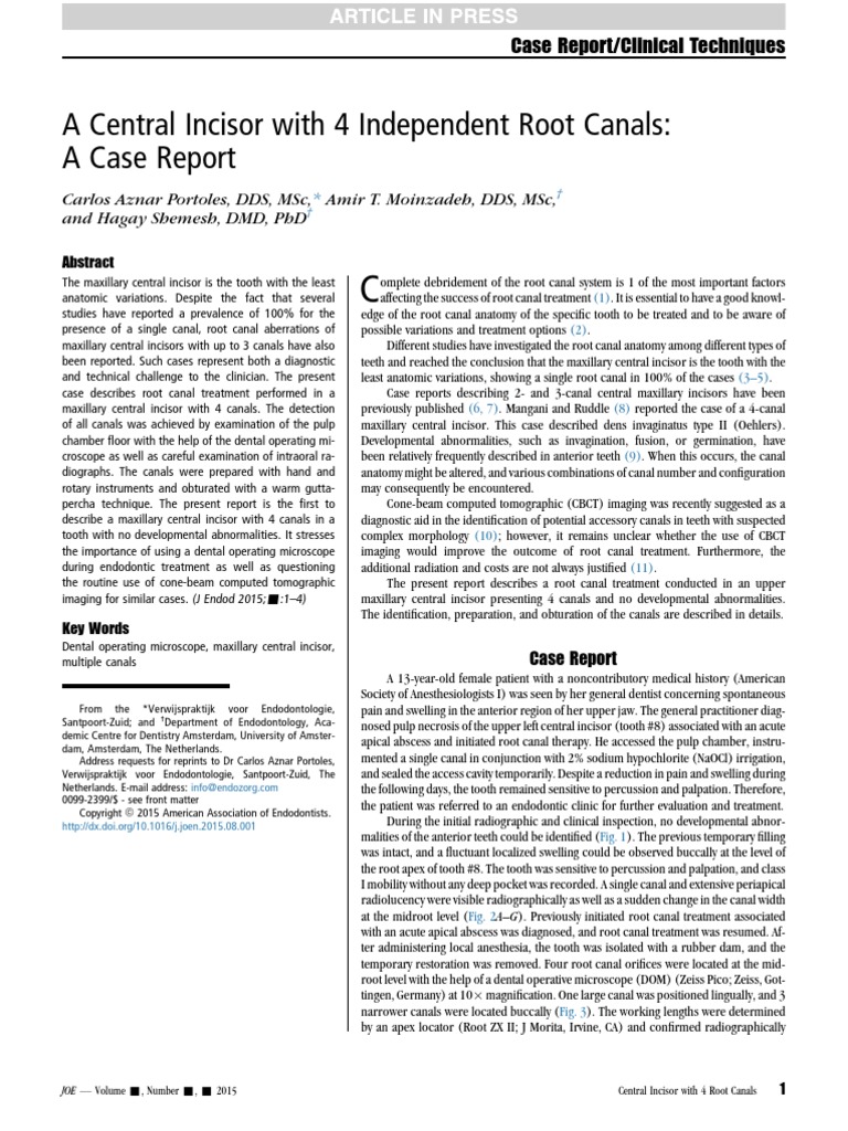 A Central Incisor With 4 Independent Root Canals A Case Report PDF