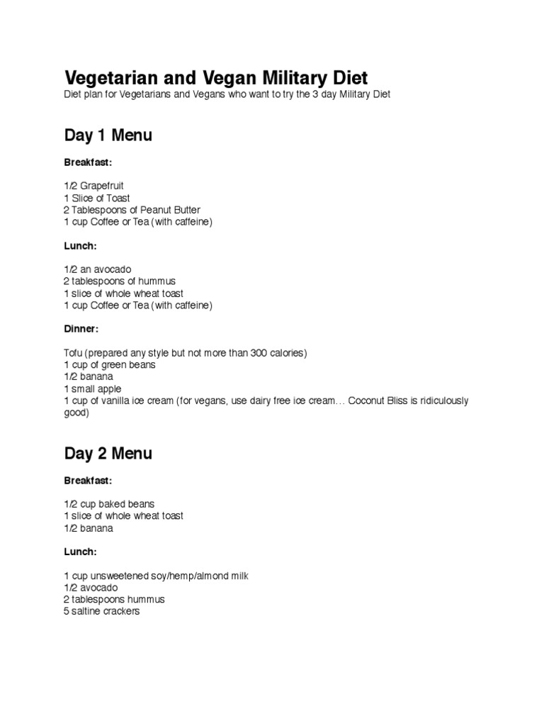Vegetarian and Vegan Military Diet Day 1 Menu PDF