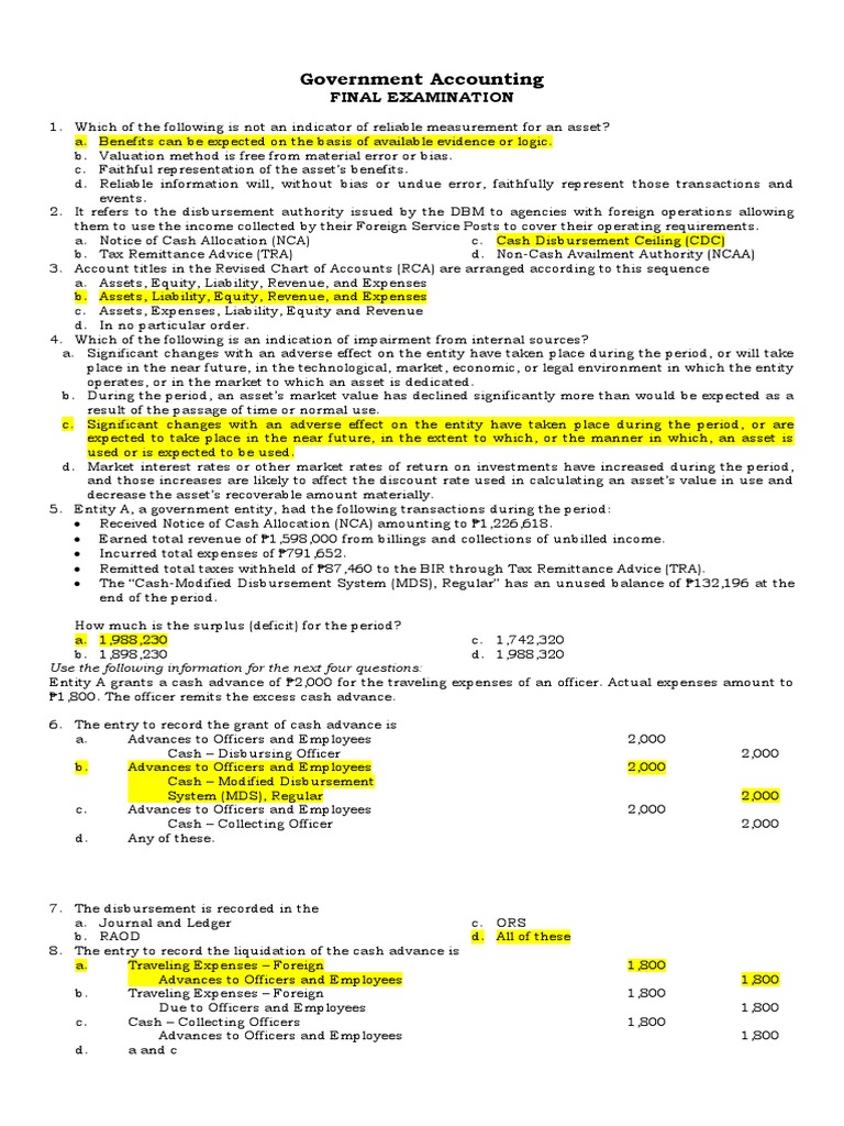 Government Accounting Final Examination With Answer And Solution Docx Payroll Tax Revenue