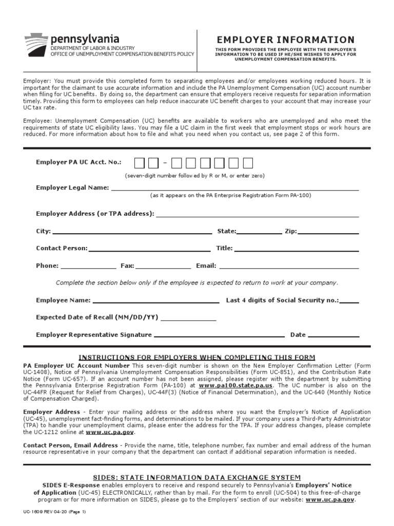 PA Unemployment Compensation Form UC-1609 | PDF | Unemployment Benefits ...