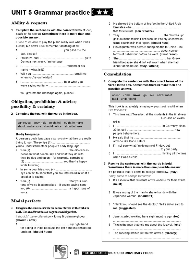 UNIT 5 Grammar Practice: Ability & Requests | PDF | Body Language ...