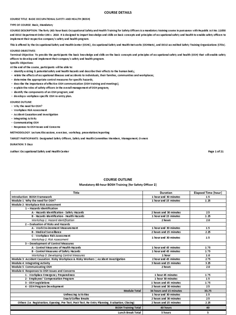 BOSH - Course Description 20200212 | PDF | Occupational Safety And ...