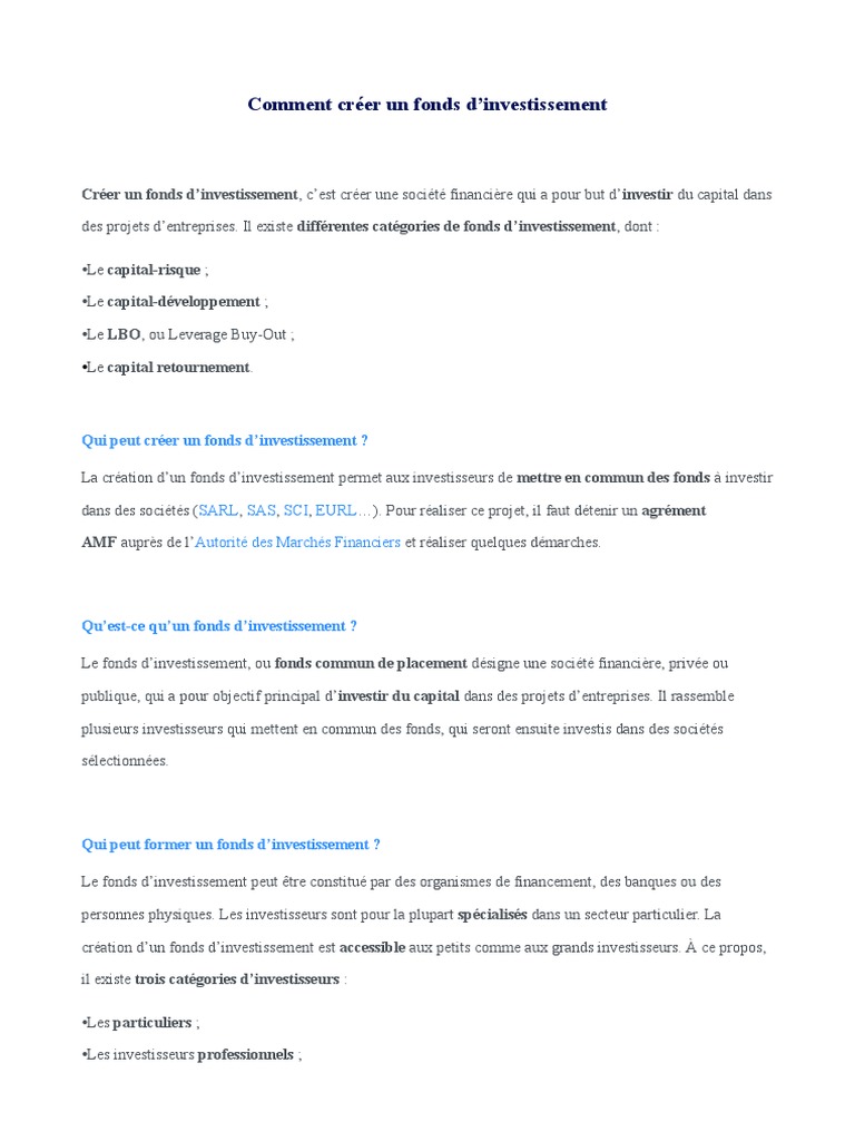 Comment Créer Un Fonds D'investissement PDF Capitalinvestissement Achat à effet de levier