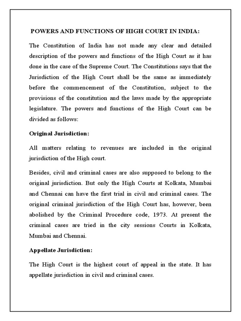 Powers and Functions of High Court in India | PDF | Jurisdiction ...