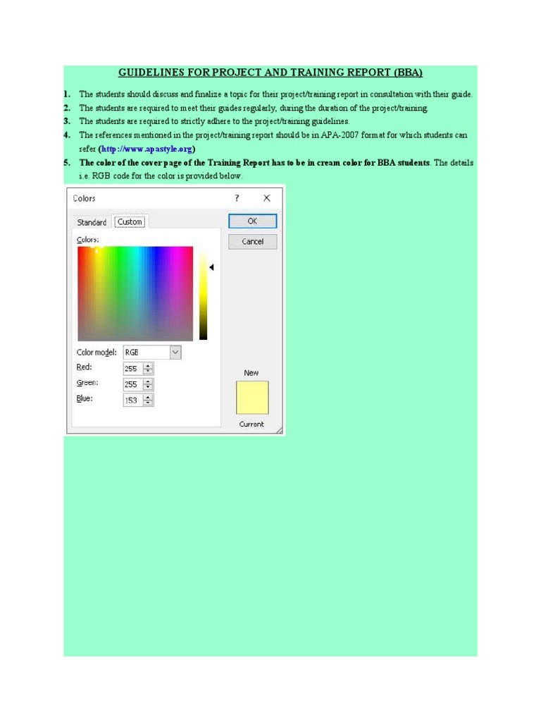 Guidelines For Project and Training Report (Bba) : Refer (I.e. RGB Code ...