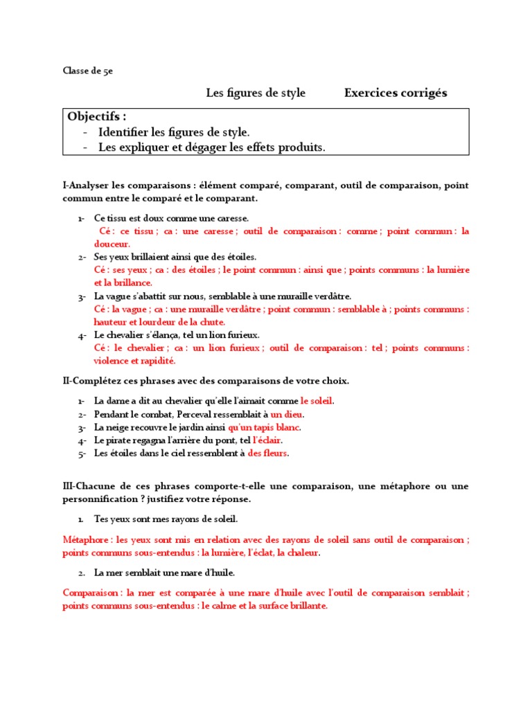 Exercices Figures De Style 4eme Les Figures de Style - Exercices Corrigés | PDF | Métaphore