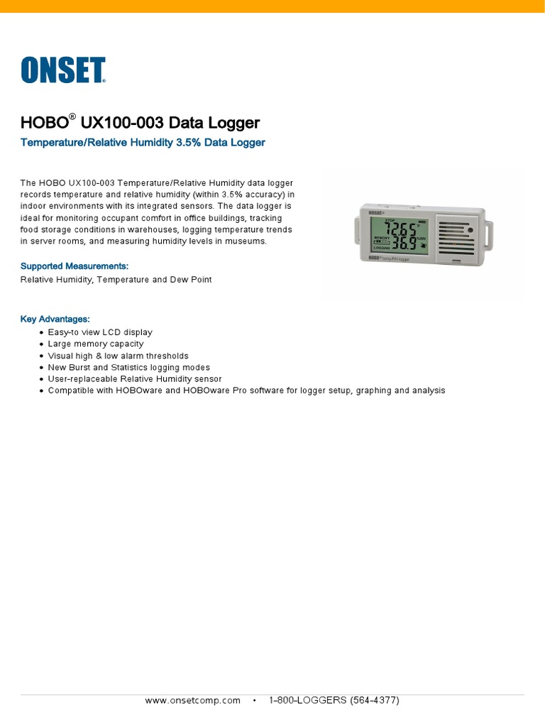 HOBO UX100003 Data Logger Datasheet PDF Humidity Relative Humidity
