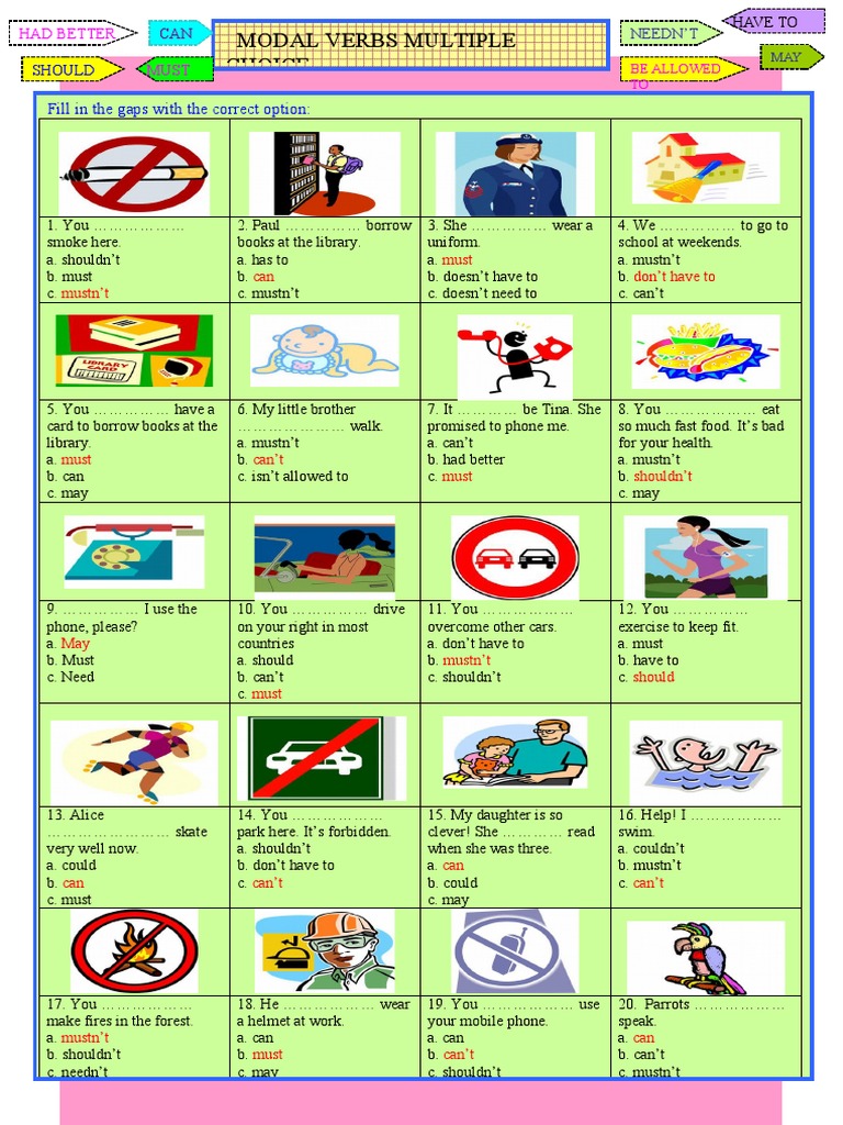 Modal Verbs Multiple Choice: Fill in The Gaps With The Correct Option ...