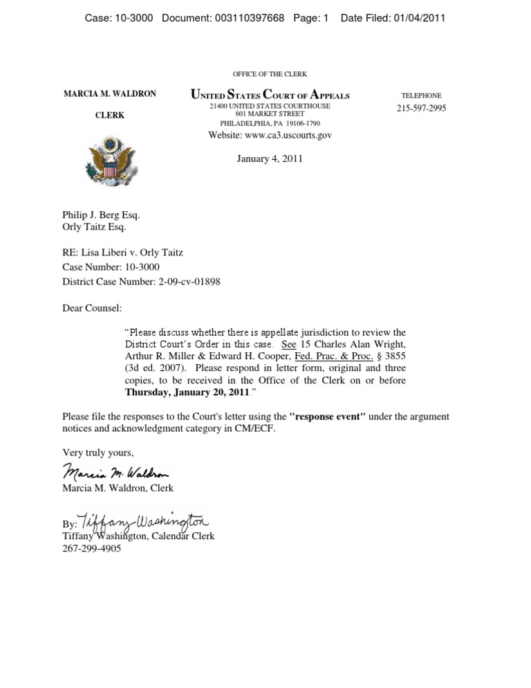 LIBERI V TAITZ (3rd CIRCUIT) - CLERK'S LETTER To Counsel Written at The ...