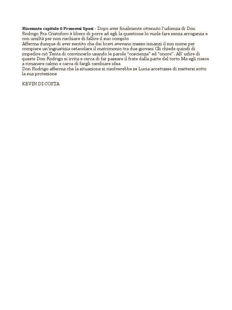 Riassunto Capitolo 6 Promessi Sposi PDF