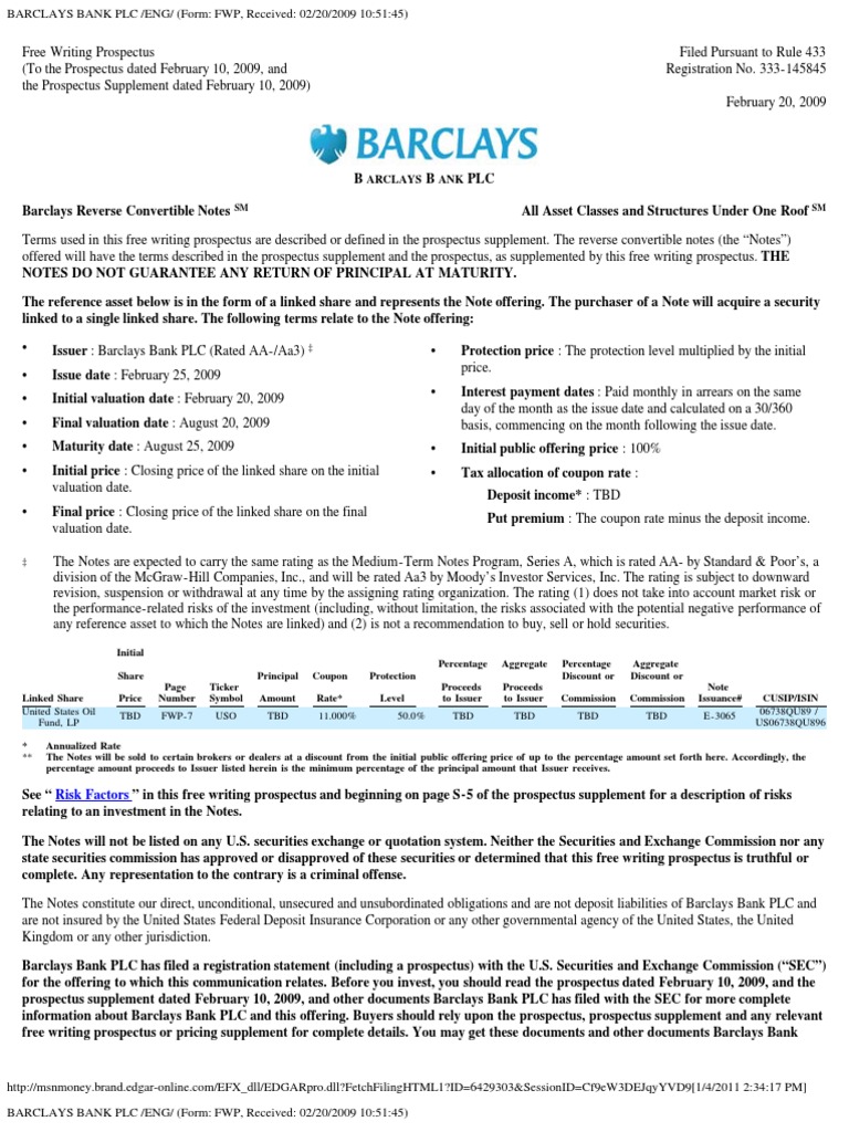 Barclays Bank Plc Eng Form Fwp Received 02 20 2009 10 51 45