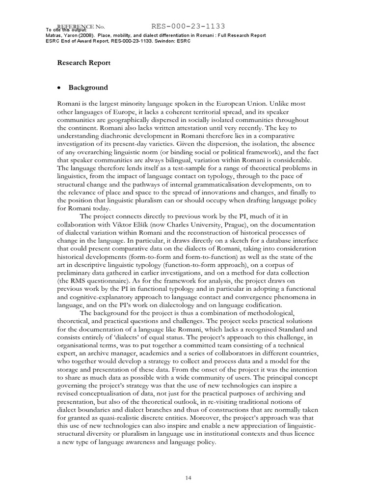 Research Report: Reference No | PDF | Dialect | Romani People