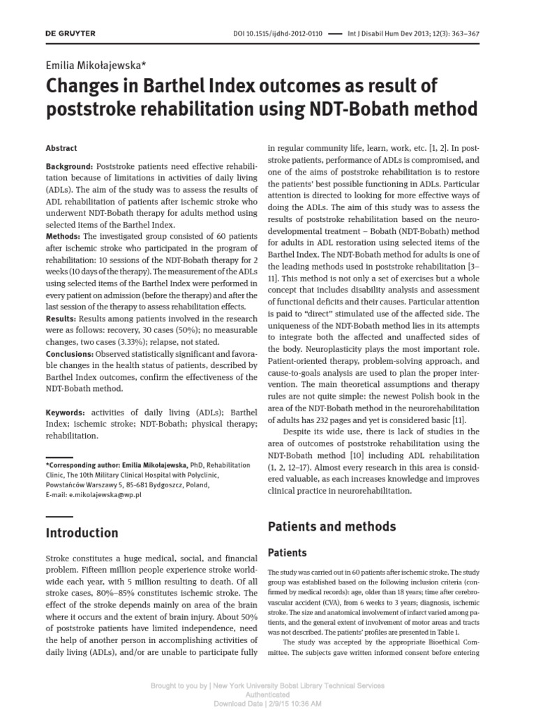 Changes in Barthel Index As Result of Poststroke