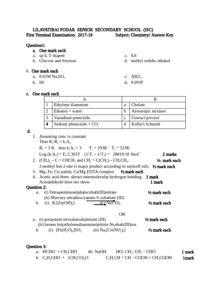 Class 12 Chemistry Answer Key PDF | PDF | Chemical Substances ...