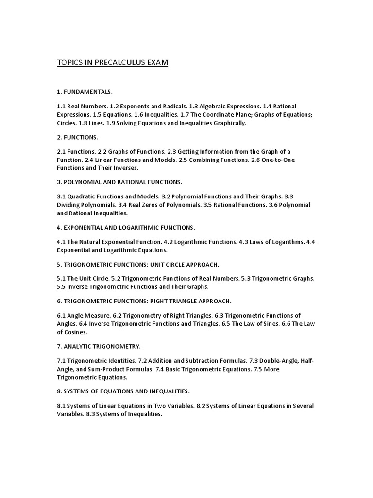 Precalculus Exam Topics Overview | PDF | Trigonometric Functions ...