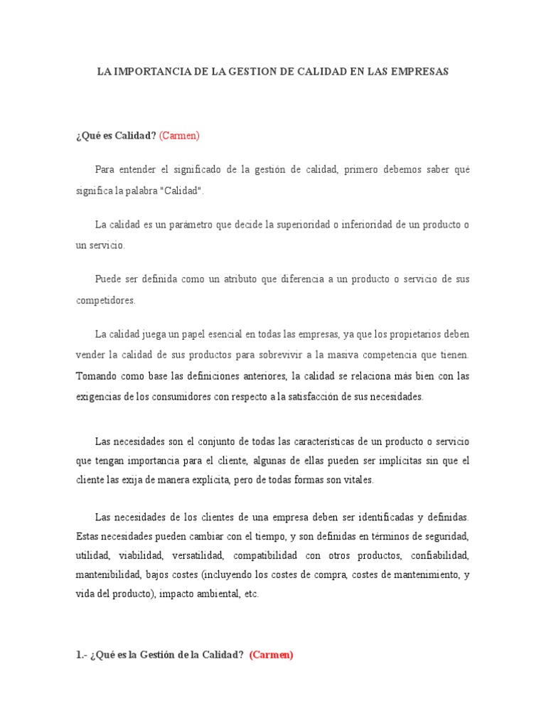 Gestión de Calidad en Empresas | PDF | Gestión de la calidad | Calidad ...