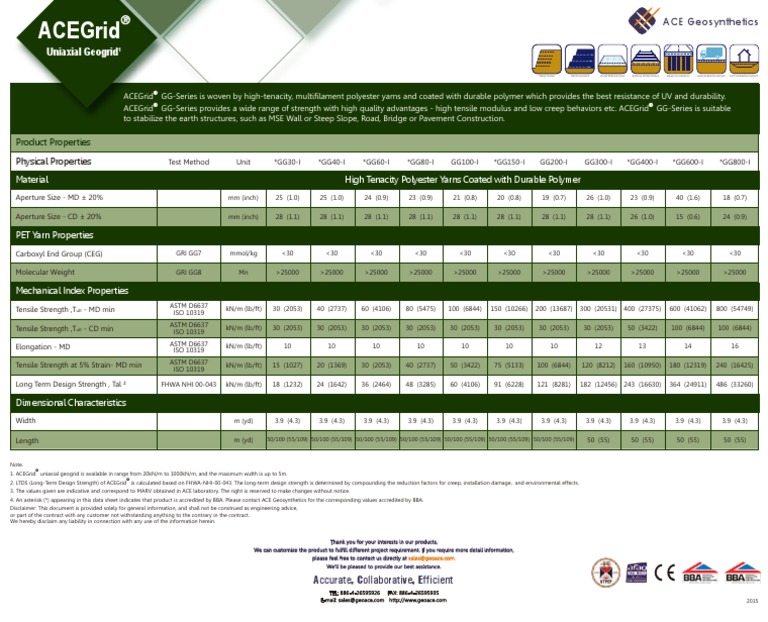 ACEGrid® Uniaxial Geogrid TDS PDF | PDF | Materials Science | Chemical ...