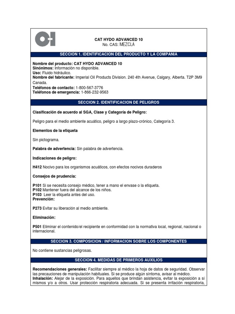 Cat Hydo Advanced 10 FDS | PDF | Agua | Seguridad y salud ocupacional