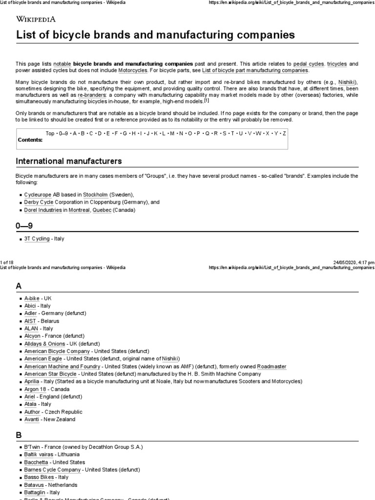 List of Bicycle Brands and Manufacturing Companies International