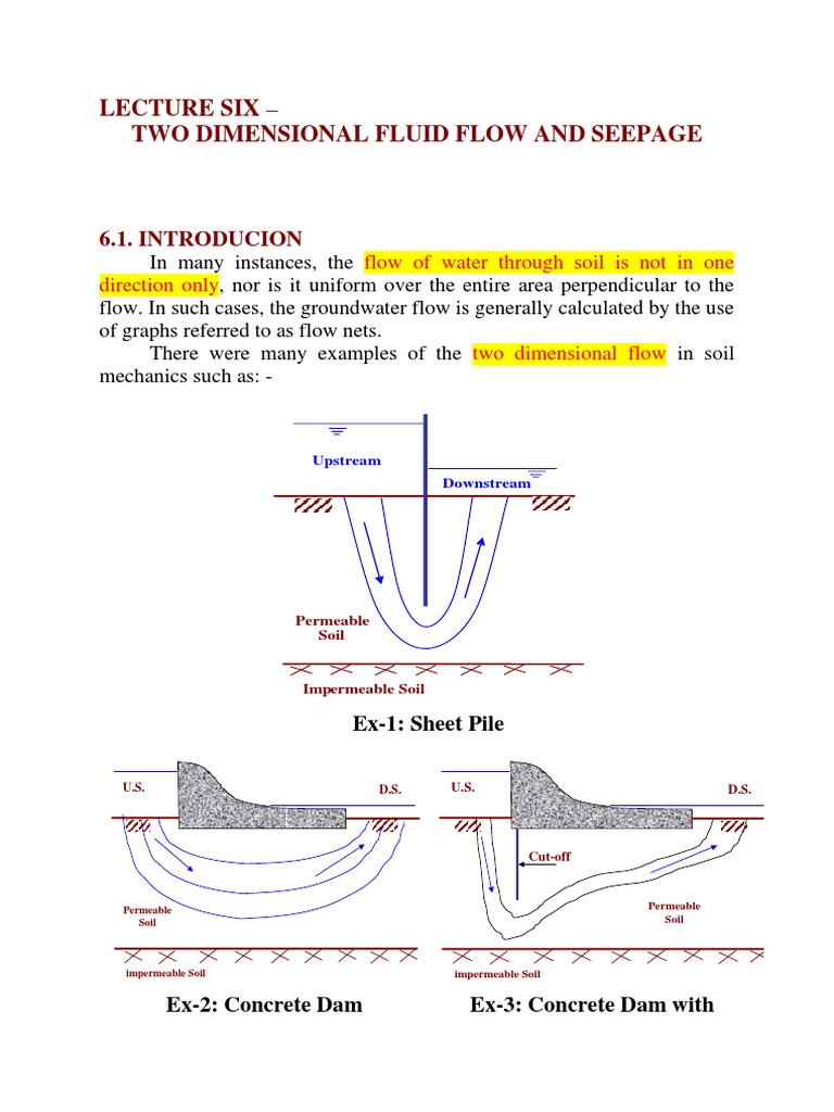 Lecture Six - Two Dimensional Fluid Flow and Seepage: 6.1. Introducion ...
