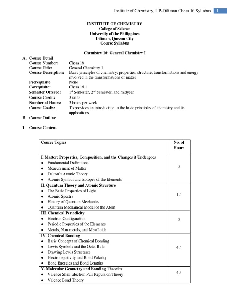 Chem 16 Syllabus | PDF | Covalent Bond | Chemical Compounds