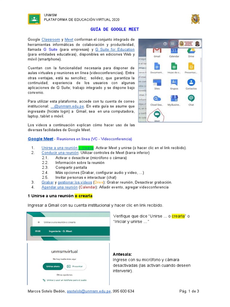 Guía de Google Meet para UNMSM | PDF | Videotelefonía | Gmail