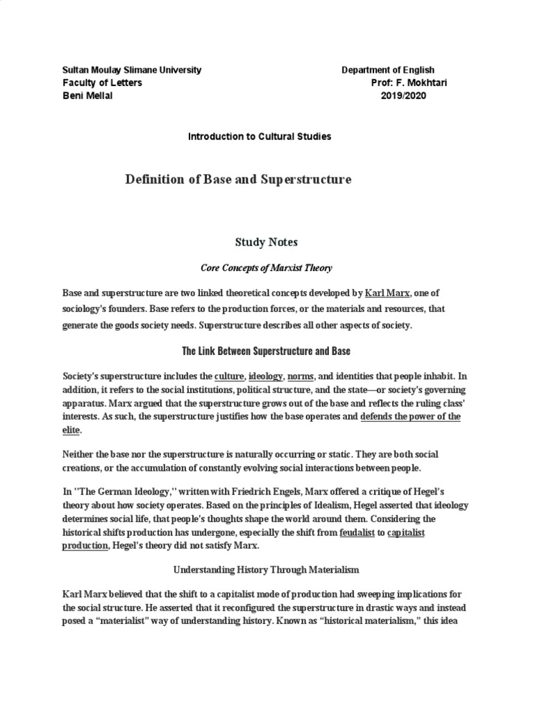 Definition of Base and Superstructure PDF Karl Marx Ideologies