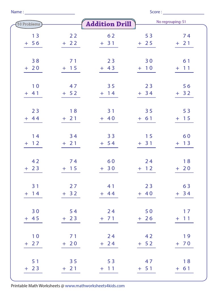 Addition Drill: 50 Problems | PDF