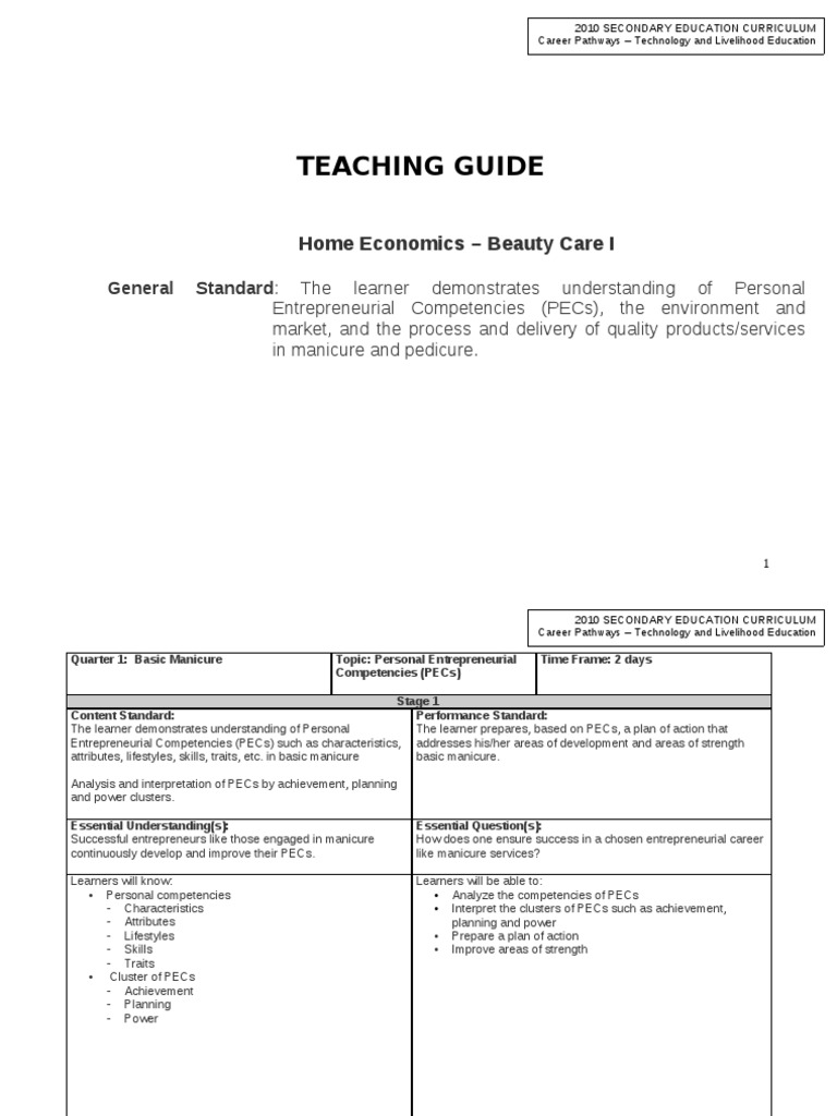 Teacher's Guide Nail Care PDF PDF Learning Curriculum