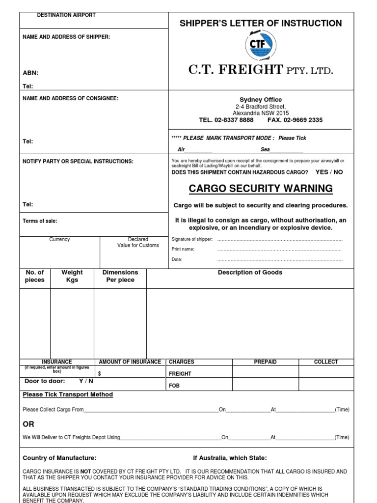 Shipper's Letter of Instruction Sample | PDF | Cargo | Bill Of Lading