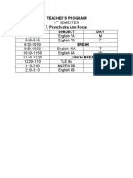 Teacher's class schedule and subjects