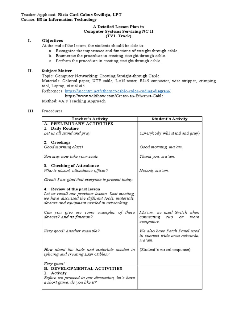 Lesson Plan in CSS 4a's | PDF | Local Area Network | Electrical Connector