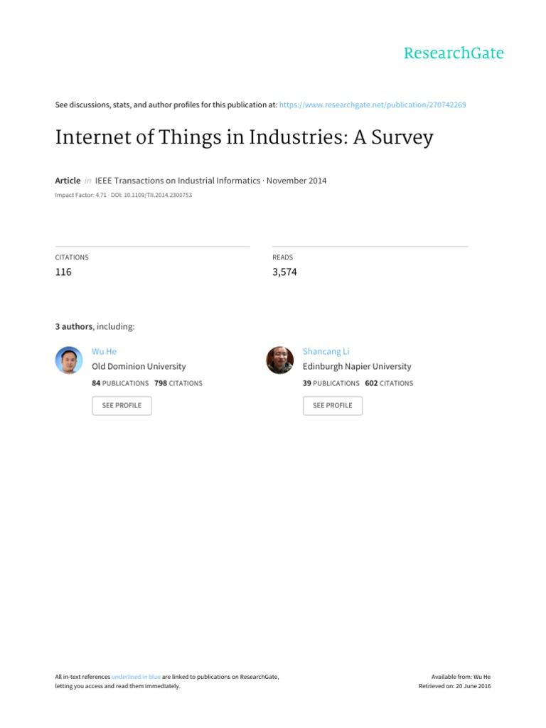 Iot Survey PDF | PDF | Internet Of Things | Wireless Sensor Network