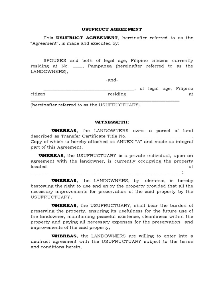 Usufruct Agreement PDF Property Civil Law Law)